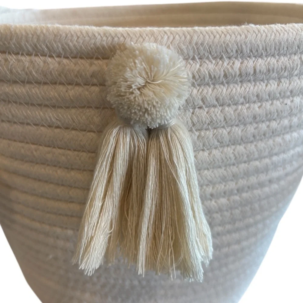 Target Pillowfort White Ivory Coiled Rope Storage Basket w/ Pom Pom Tassels